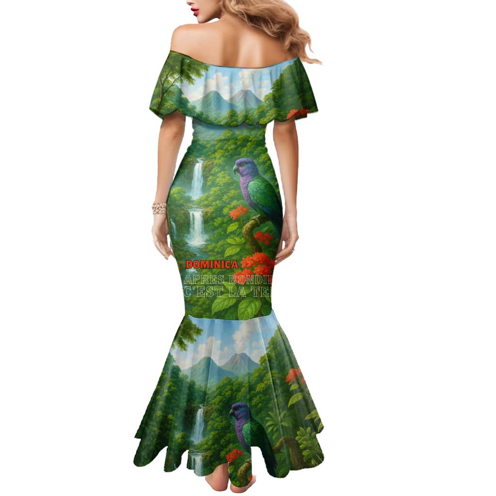 Dominica Nature Mermaid Dress Sisserou Parrot and Waterfall Island Map with National Flag Design - Wonder Print Shop