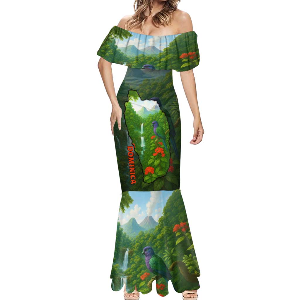 Dominica Nature Mermaid Dress Sisserou Parrot and Waterfall Island Map with National Flag Design - Wonder Print Shop