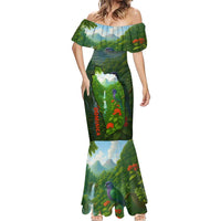 Dominica Nature Mermaid Dress Sisserou Parrot and Waterfall Island Map with National Flag Design - Wonder Print Shop