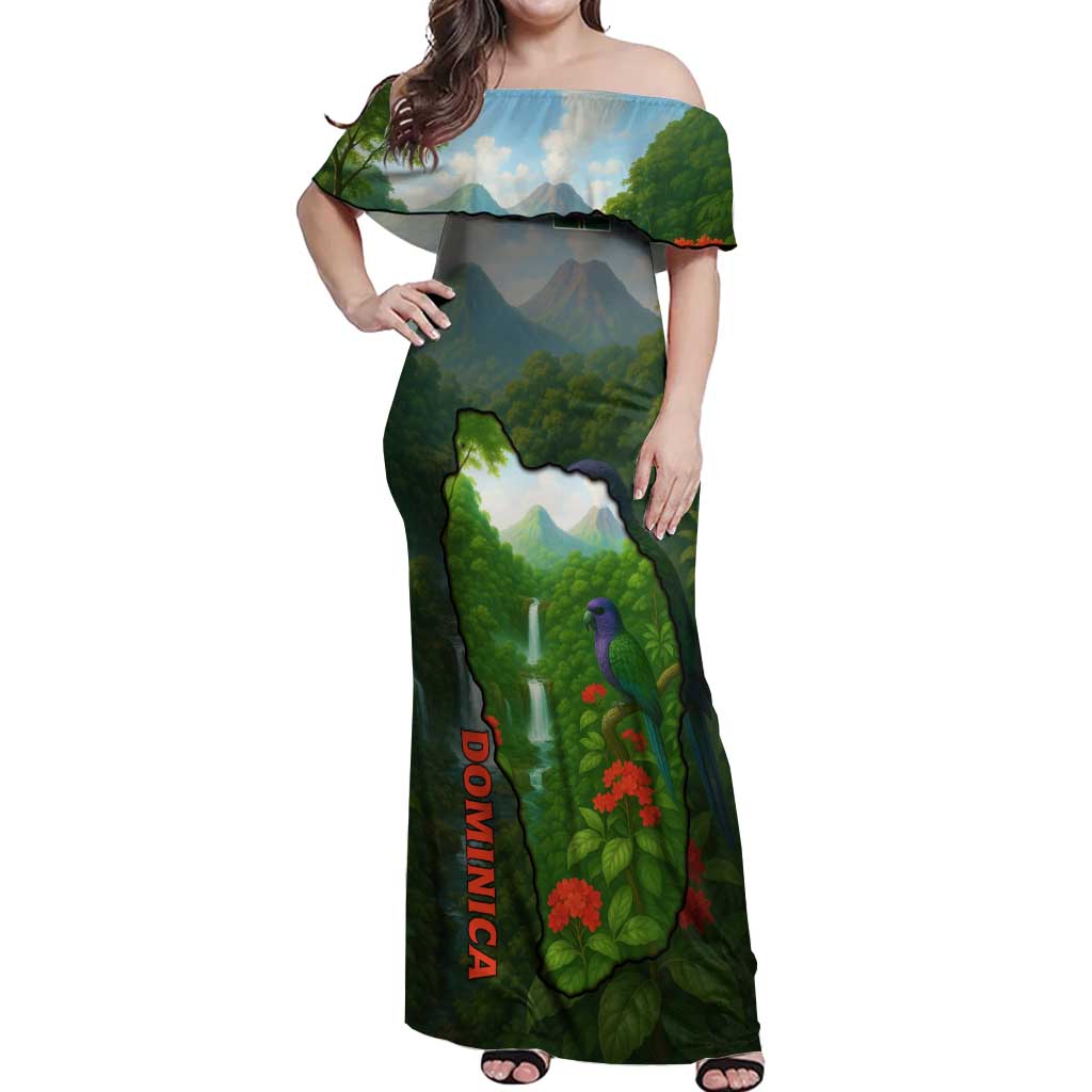 Dominica Nature Off Shoulder Maxi Dress Sisserou Parrot and Waterfall Island Map with National Flag Design - Wonder Print Shop