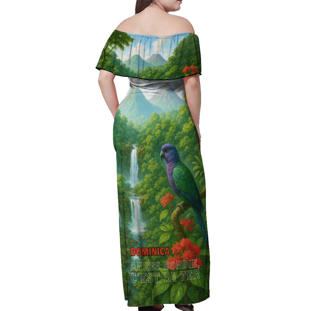 Dominica Nature Off Shoulder Maxi Dress Sisserou Parrot and Waterfall Island Map with National Flag Design - Wonder Print Shop