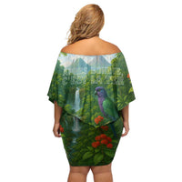 Dominica Nature Off Shoulder Short Dress Sisserou Parrot and Waterfall Island Map with National Flag Design - Wonder Print Shop