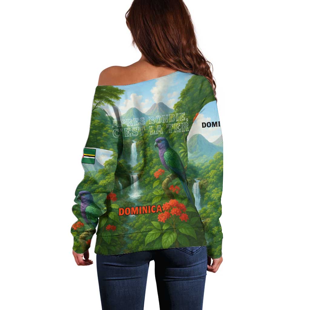 Dominica Nature Off Shoulder Sweater Sisserou Parrot and Waterfall Island Map with National Flag Design - Wonder Print Shop