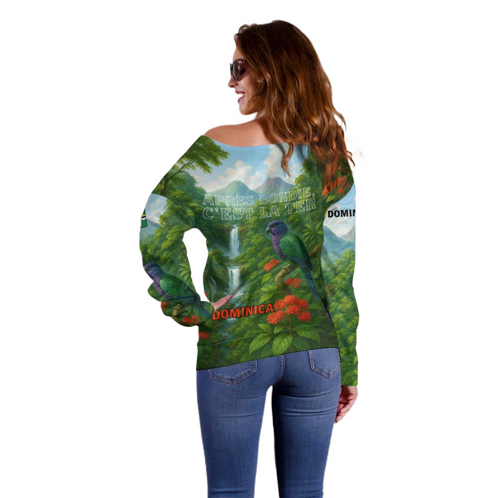 Dominica Nature Off Shoulder Sweater Sisserou Parrot and Waterfall Island Map with National Flag Design - Wonder Print Shop