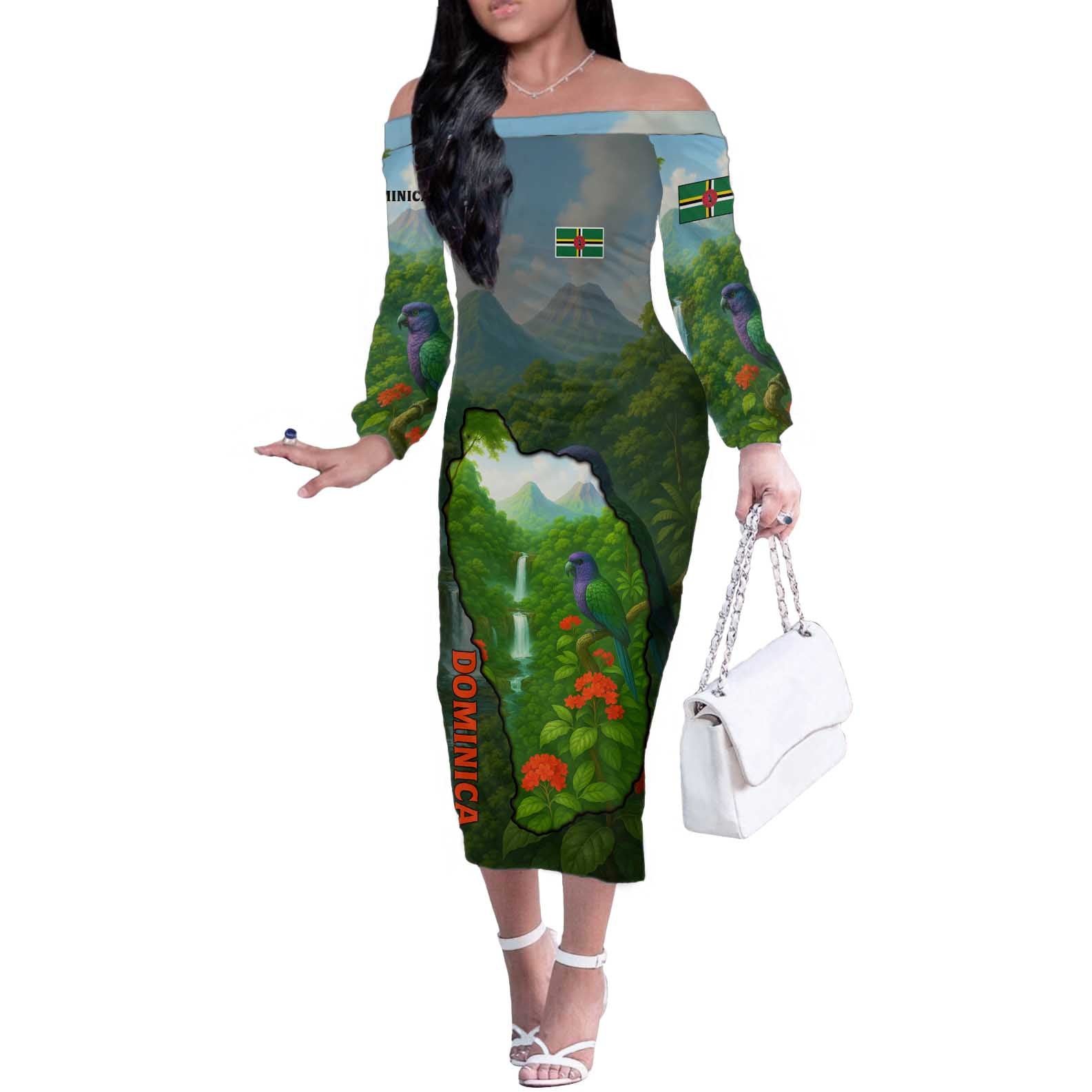Dominica Nature Off The Shoulder Long Sleeve Dress Sisserou Parrot and Waterfall Island Map with National Flag Design - Wonder Print Shop