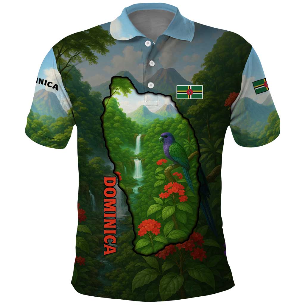 Dominica Nature Polo Shirt Sisserou Parrot and Waterfall Island Map with National Flag Design - Wonder Print Shop
