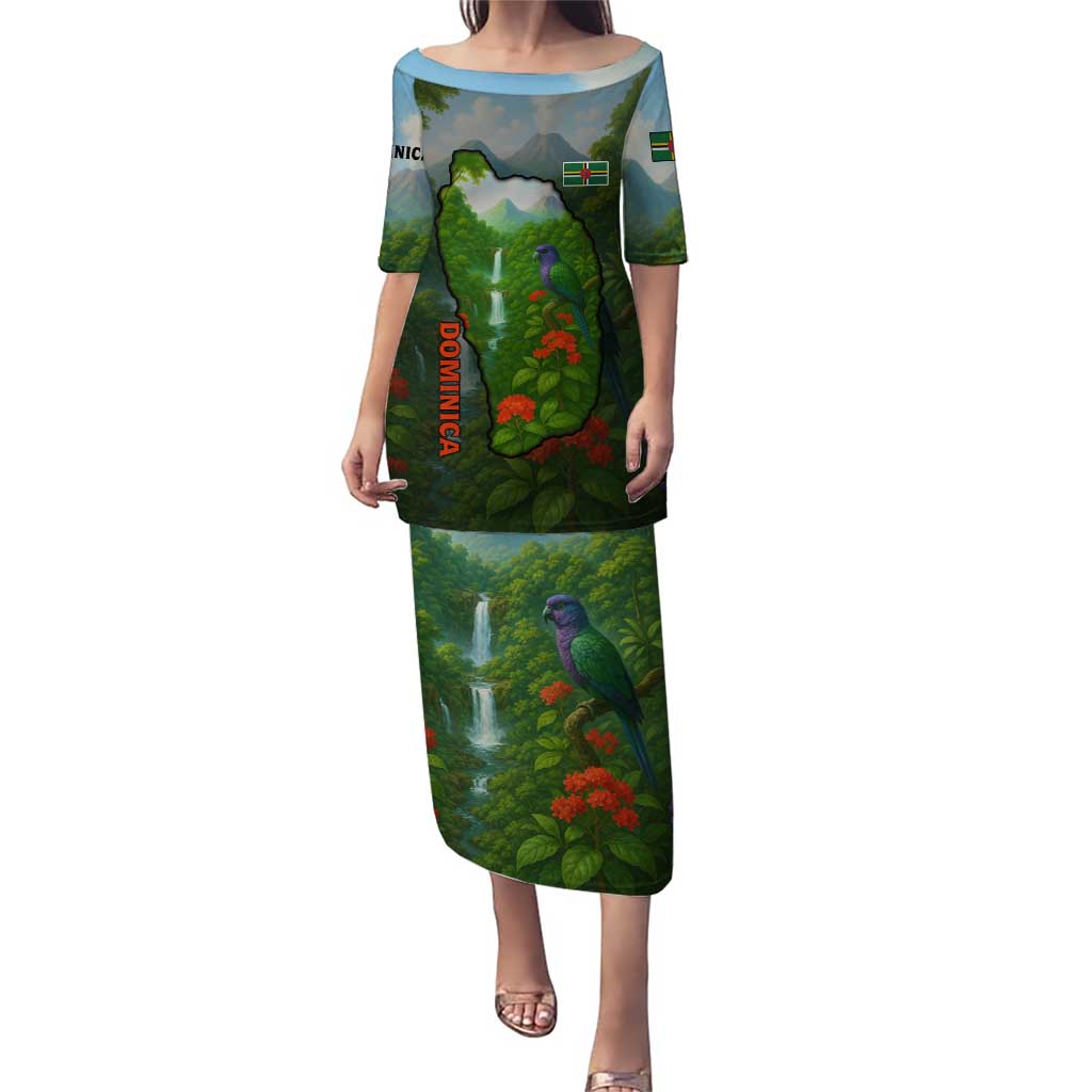 Dominica Nature Puletasi Sisserou Parrot and Waterfall Island Map with National Flag Design - Wonder Print Shop