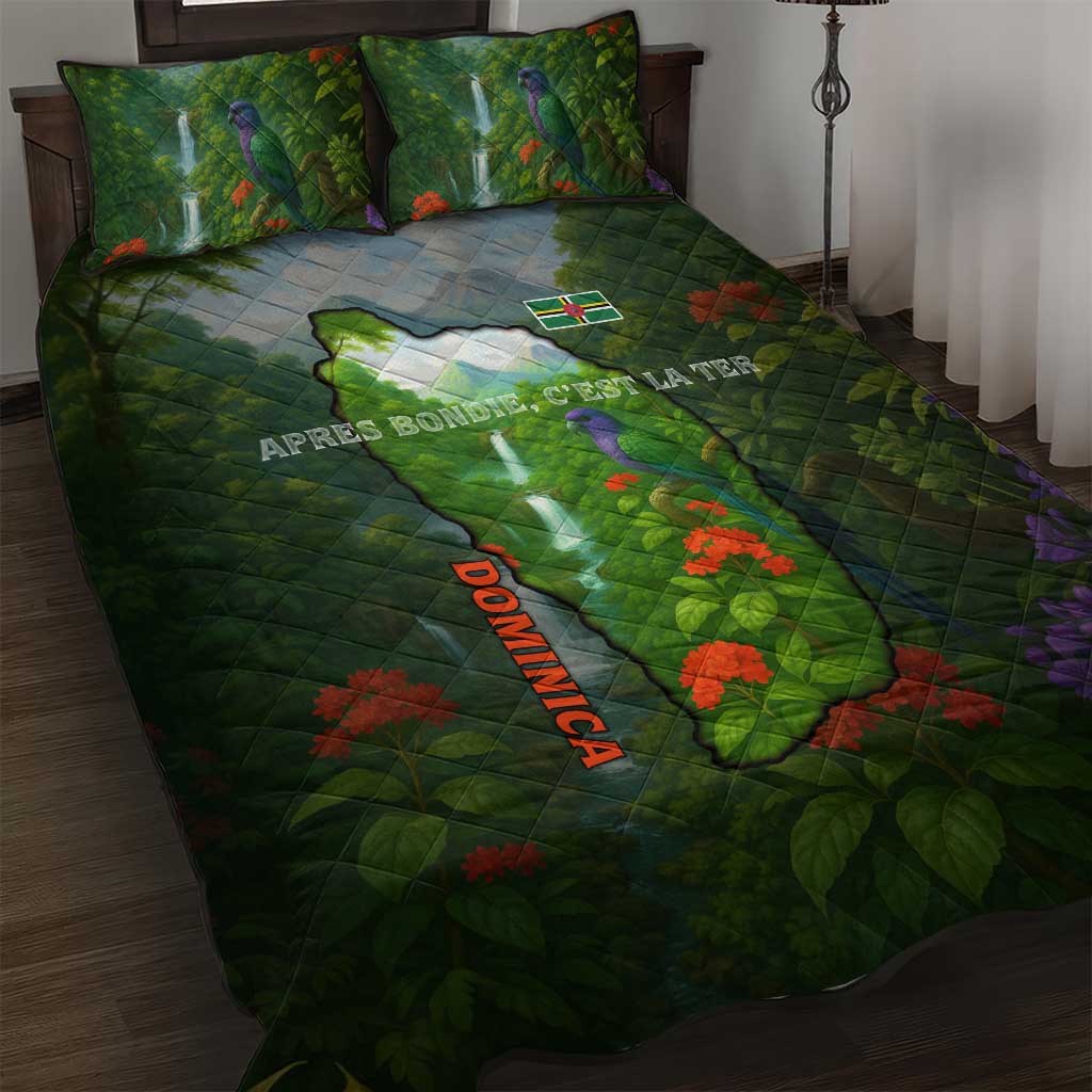 Dominica Nature Quilt Bed Set Sisserou Parrot and Waterfall Island Map with National Flag Design - Wonder Print Shop