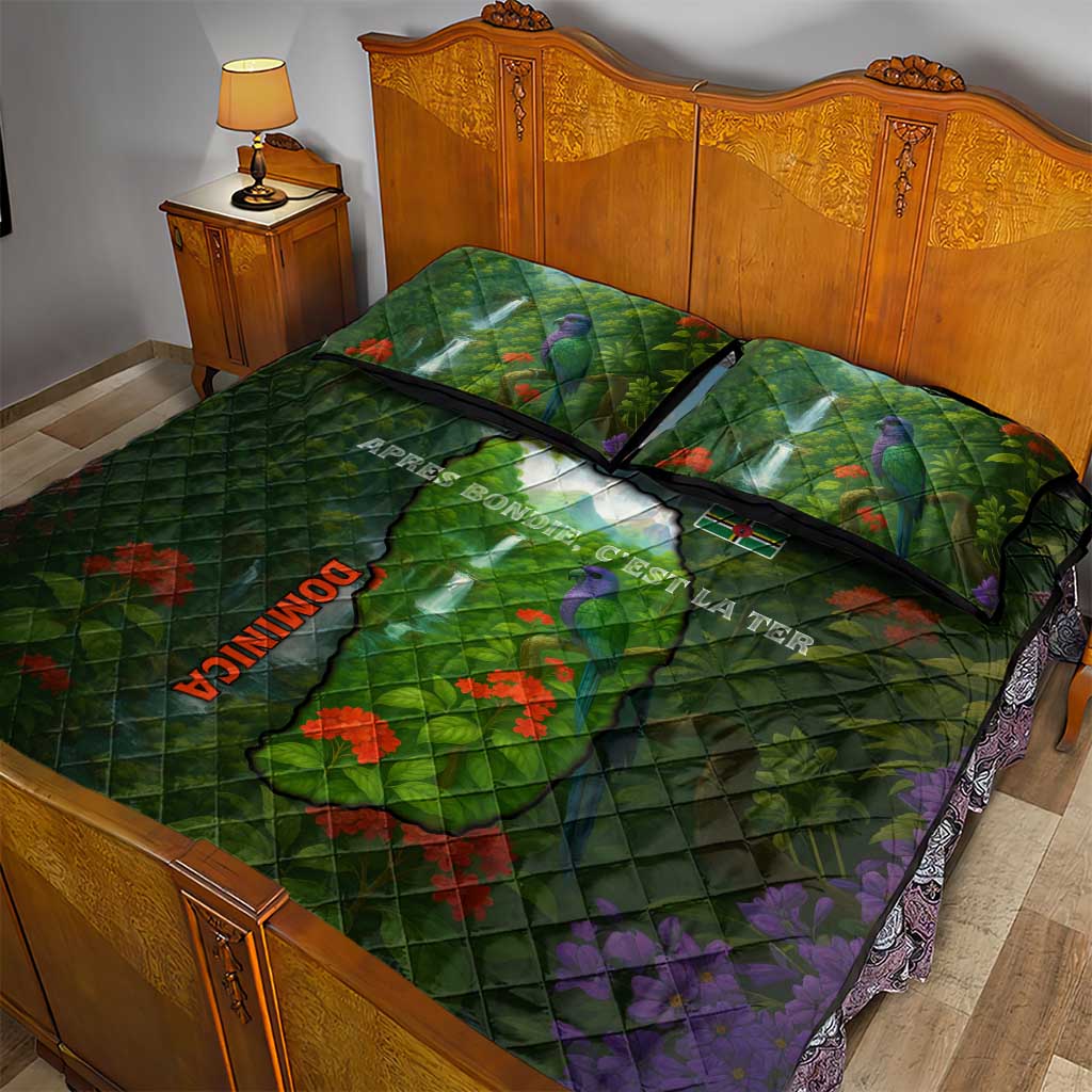 Dominica Nature Quilt Bed Set Sisserou Parrot and Waterfall Island Map with National Flag Design - Wonder Print Shop