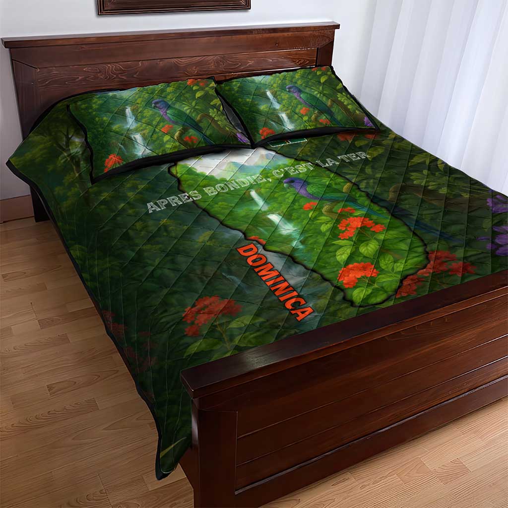 Dominica Nature Quilt Bed Set Sisserou Parrot and Waterfall Island Map with National Flag Design - Wonder Print Shop