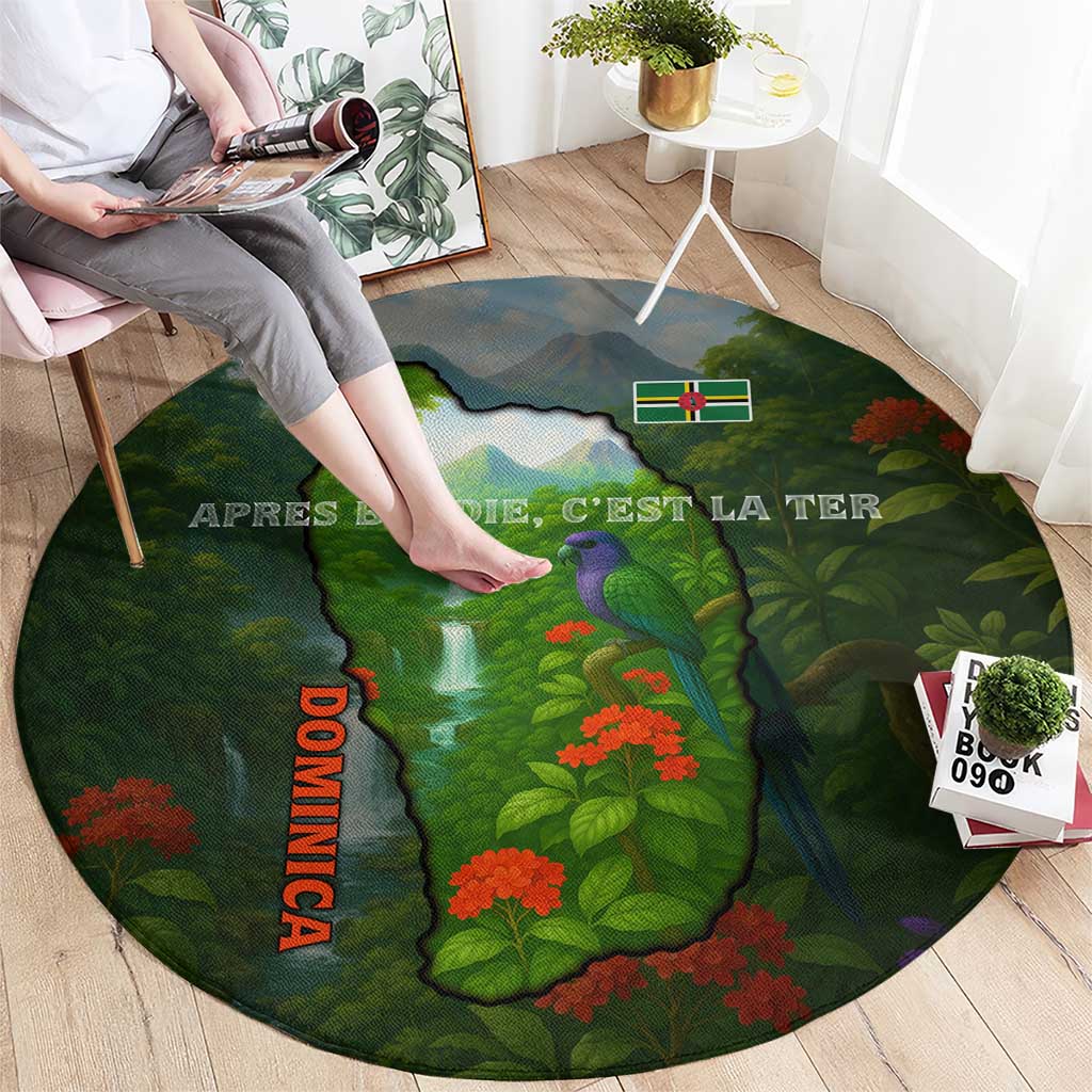Dominica Nature Round Carpet Sisserou Parrot and Waterfall Island Map with National Flag Design - Wonder Print Shop