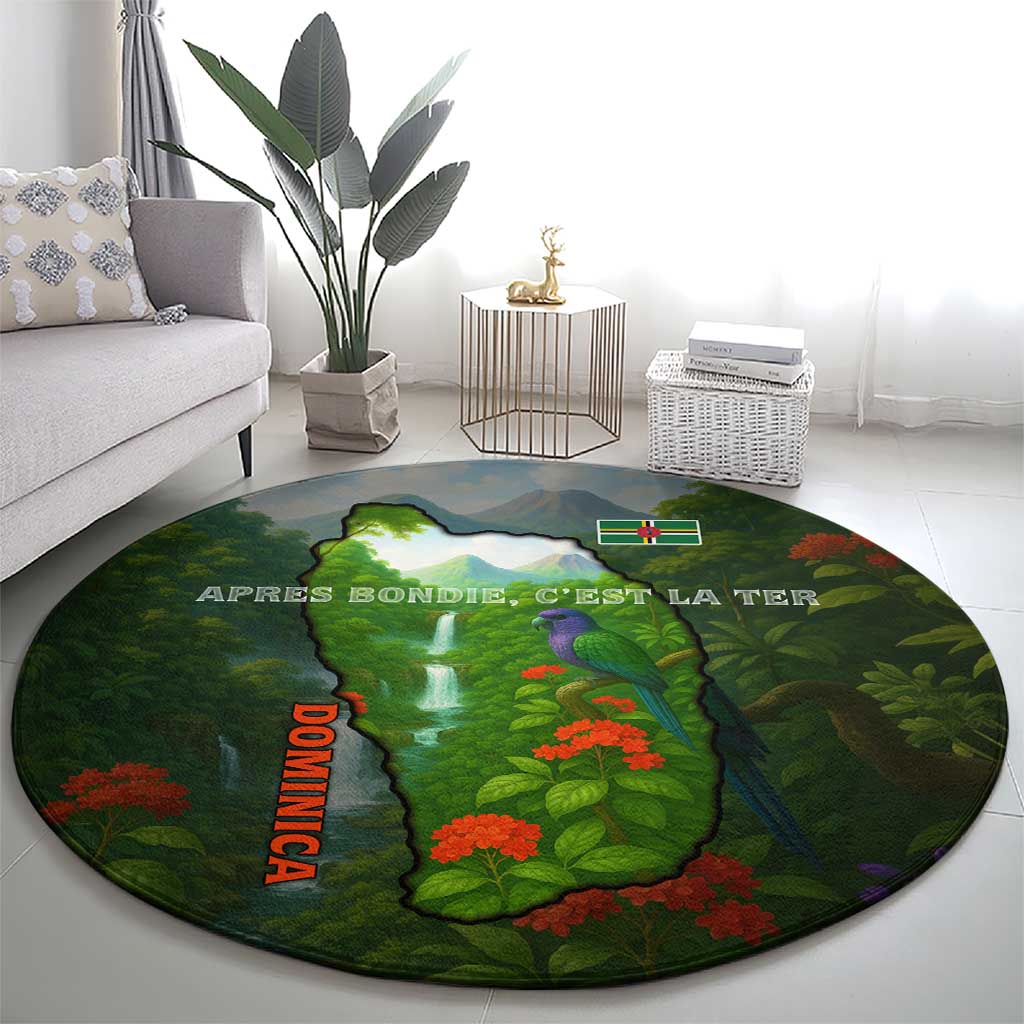 Dominica Nature Round Carpet Sisserou Parrot and Waterfall Island Map with National Flag Design - Wonder Print Shop