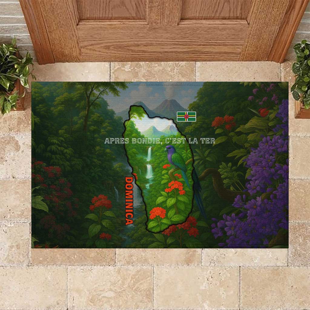 Dominica Nature Rubber Doormat Sisserou Parrot and Waterfall Island Map with National Flag Design - Wonder Print Shop