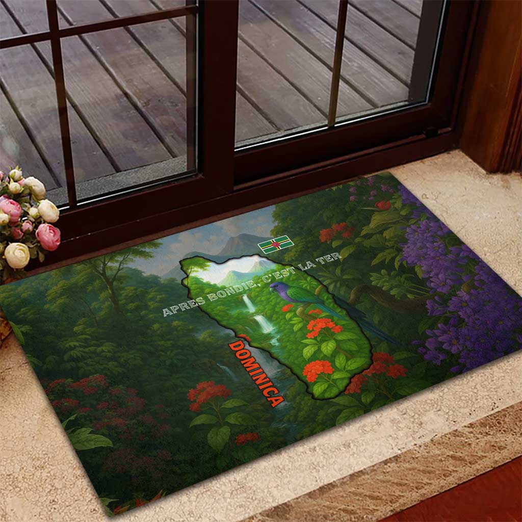 Dominica Nature Rubber Doormat Sisserou Parrot and Waterfall Island Map with National Flag Design - Wonder Print Shop