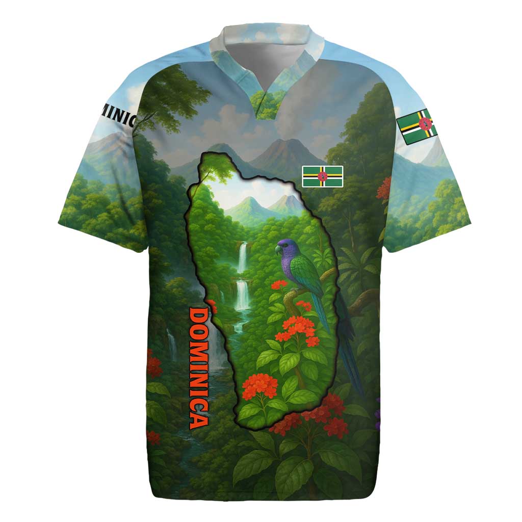 Dominica Nature Rugby Jersey Sisserou Parrot and Waterfall Island Map with National Flag Design - Wonder Print Shop
