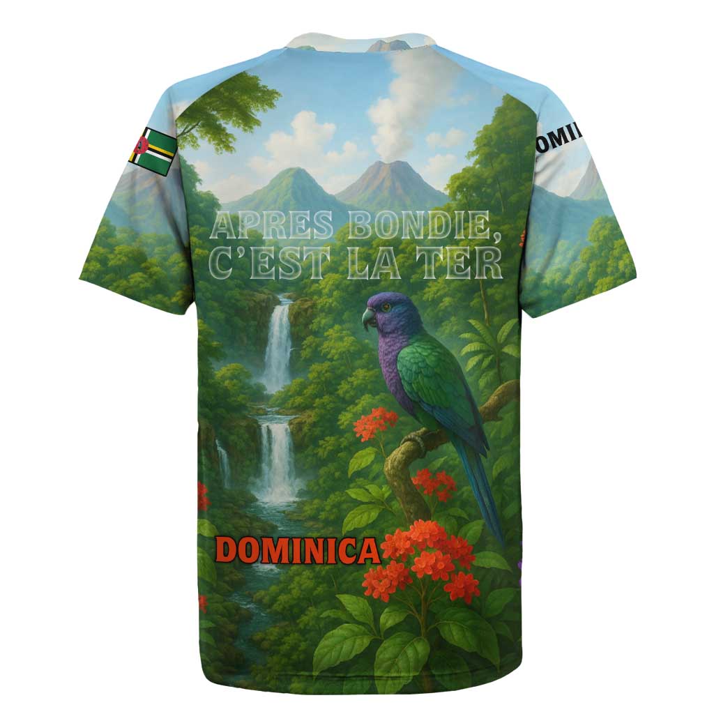 Dominica Nature Rugby Jersey Sisserou Parrot and Waterfall Island Map with National Flag Design - Wonder Print Shop