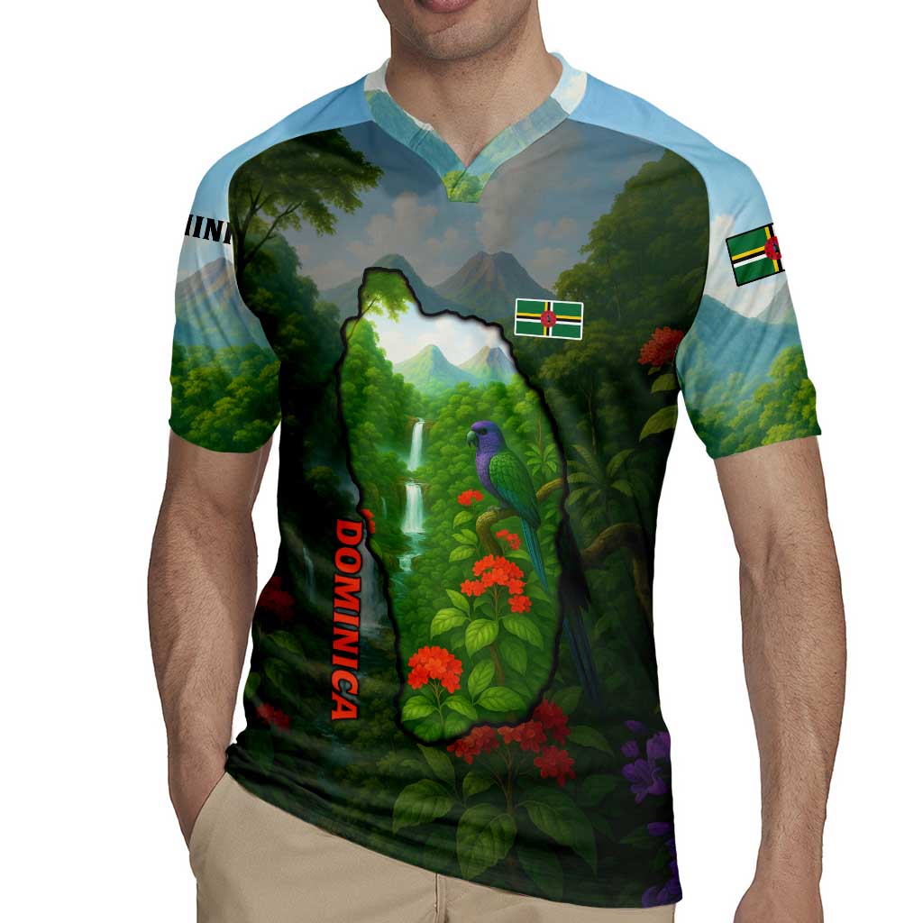 Dominica Nature Rugby Jersey Sisserou Parrot and Waterfall Island Map with National Flag Design - Wonder Print Shop