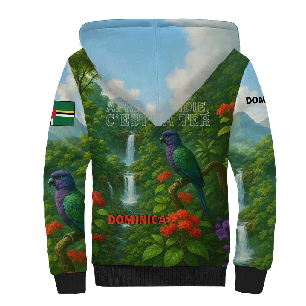 Dominica Nature Sherpa Hoodie Sisserou Parrot and Waterfall Island Map with National Flag Design - Wonder Print Shop