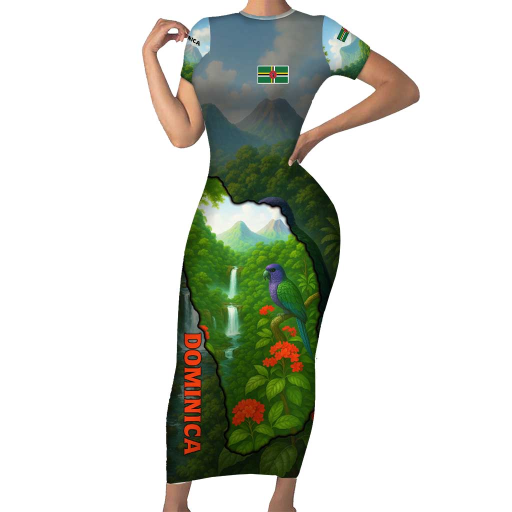 Dominica Nature Short Sleeve Bodycon Dress Sisserou Parrot and Waterfall Island Map with National Flag Design - Wonder Print Shop