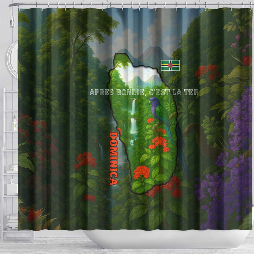 Dominica Nature Shower Curtain Sisserou Parrot and Waterfall Island Map with National Flag Design - Wonder Print Shop