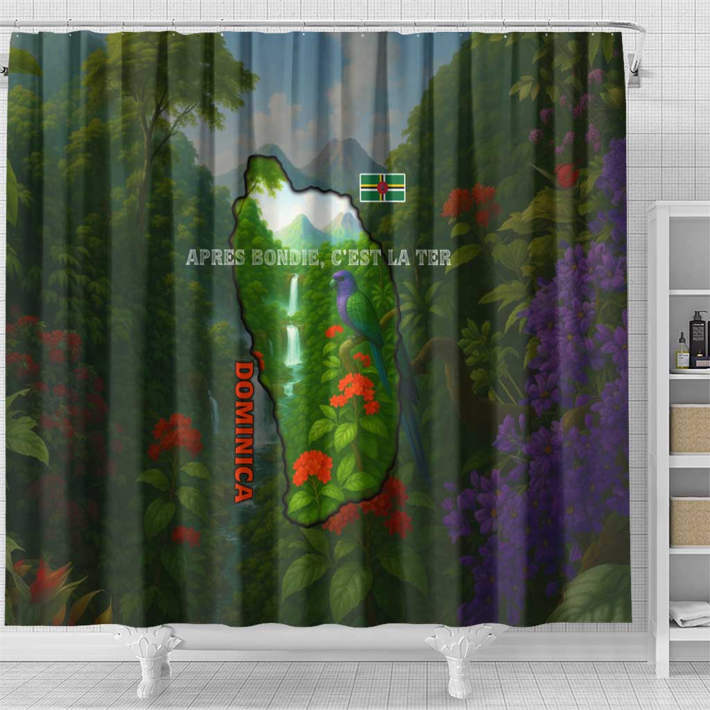 Dominica Nature Shower Curtain Sisserou Parrot and Waterfall Island Map with National Flag Design - Wonder Print Shop