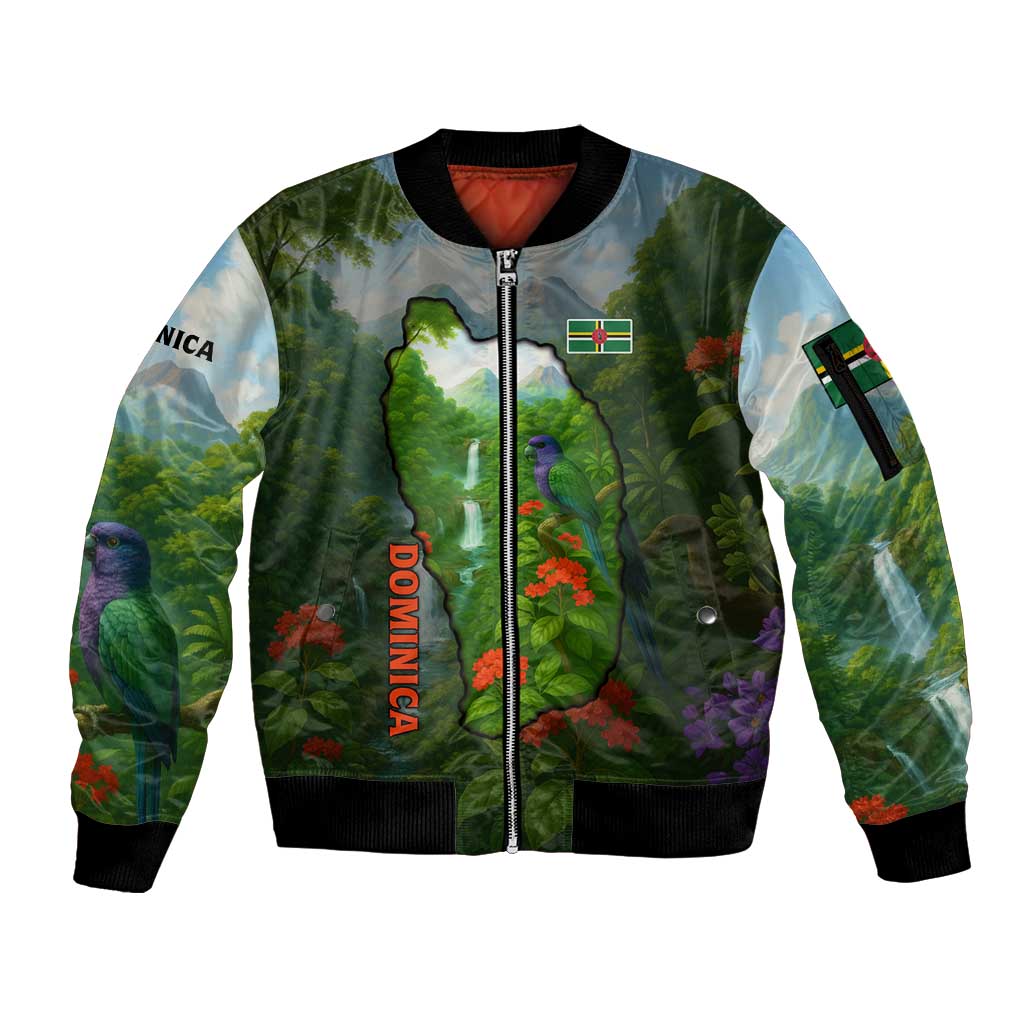 Dominica Nature Sleeve Zip Bomber Jacket Sisserou Parrot and Waterfall Island Map with National Flag Design - Wonder Print Shop