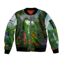 Dominica Nature Sleeve Zip Bomber Jacket Sisserou Parrot and Waterfall Island Map with National Flag Design - Wonder Print Shop