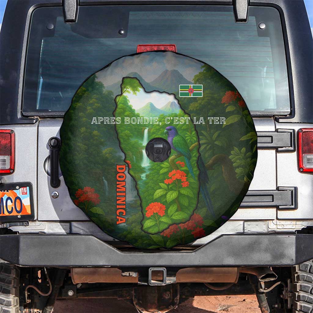 Dominica Nature Spare Tire Cover Sisserou Parrot and Waterfall Island Map with National Flag Design - Wonder Print Shop