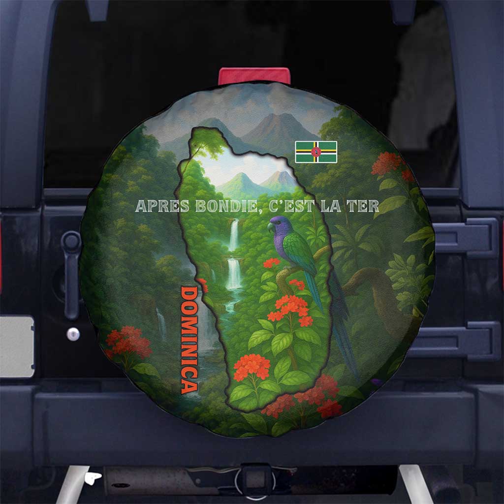 Dominica Nature Spare Tire Cover Sisserou Parrot and Waterfall Island Map with National Flag Design - Wonder Print Shop