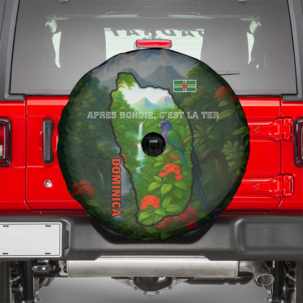 Dominica Nature Spare Tire Cover Sisserou Parrot and Waterfall Island Map with National Flag Design - Wonder Print Shop
