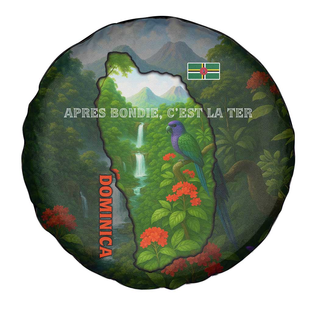 Dominica Nature Spare Tire Cover Sisserou Parrot and Waterfall Island Map with National Flag Design - Wonder Print Shop