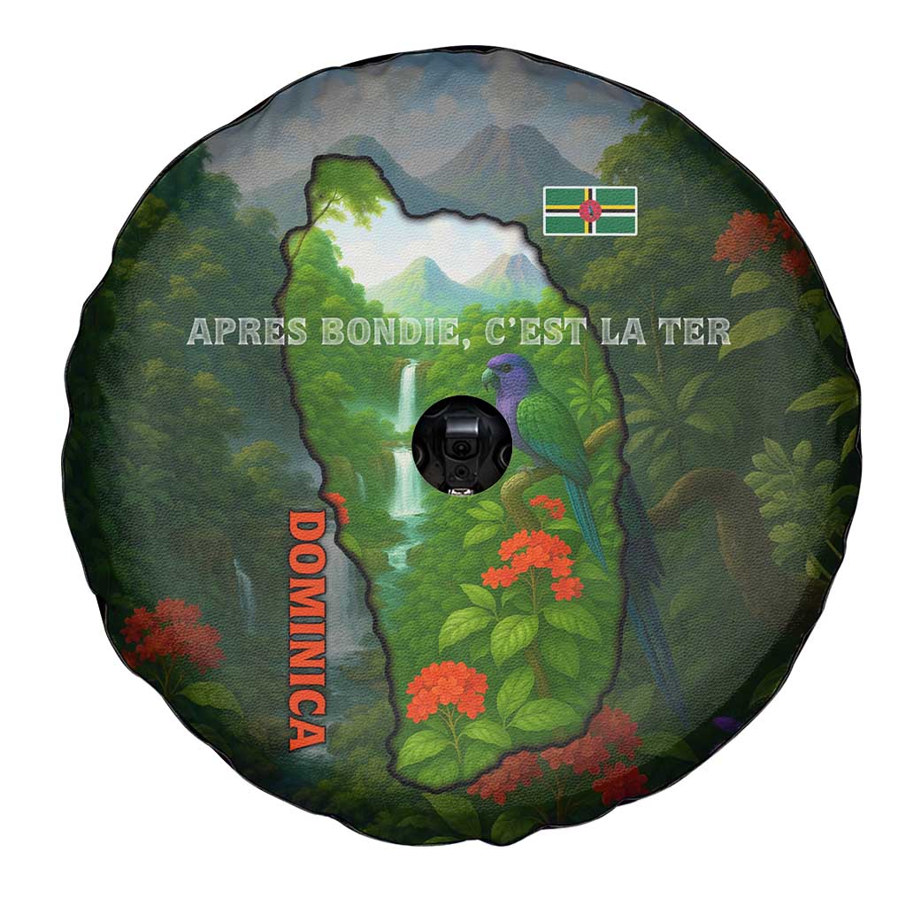 Dominica Nature Spare Tire Cover Sisserou Parrot and Waterfall Island Map with National Flag Design - Wonder Print Shop