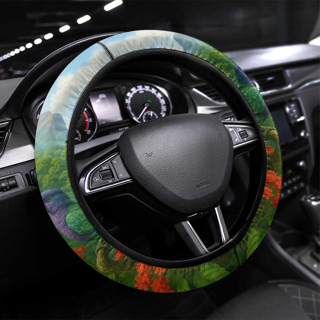 Dominica Nature Steering Wheel Cover Sisserou Parrot and Waterfall Island Map with National Flag Design - Wonder Print Shop