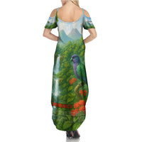 Dominica Nature Summer Maxi Dress Sisserou Parrot and Waterfall Island Map with National Flag Design - Wonder Print Shop