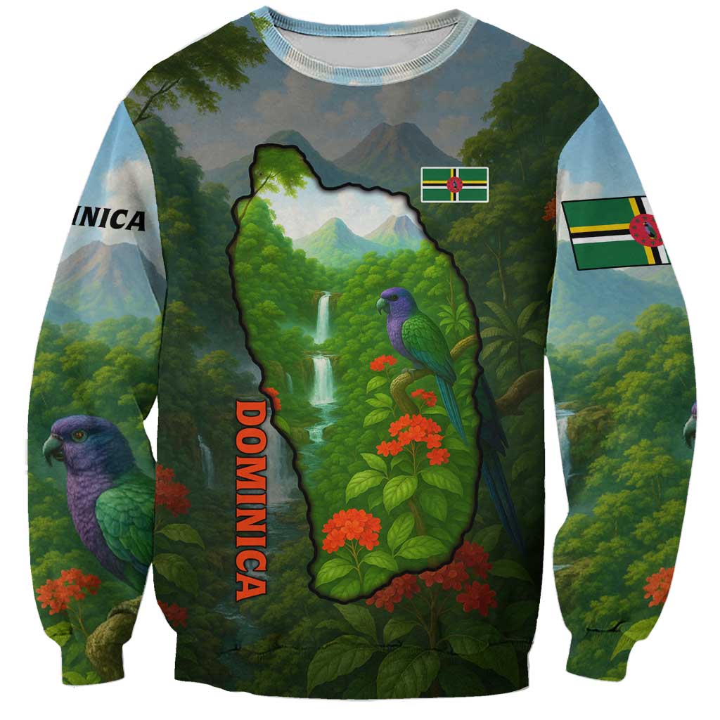 Dominica Nature Sweatshirt Sisserou Parrot and Waterfall Island Map with National Flag Design - Wonder Print Shop