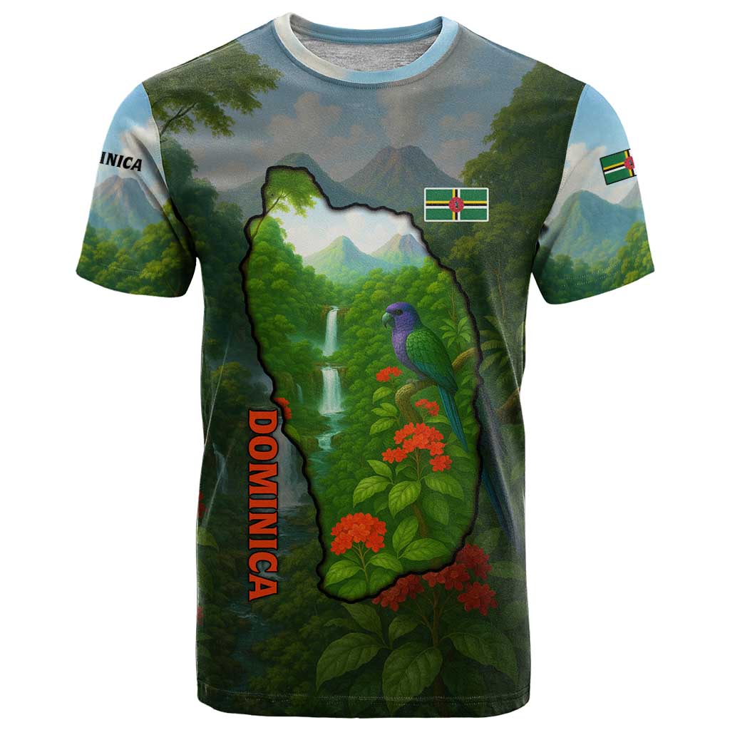 Dominica Nature T Shirt Sisserou Parrot and Waterfall Island Map with National Flag Design - Wonder Print Shop