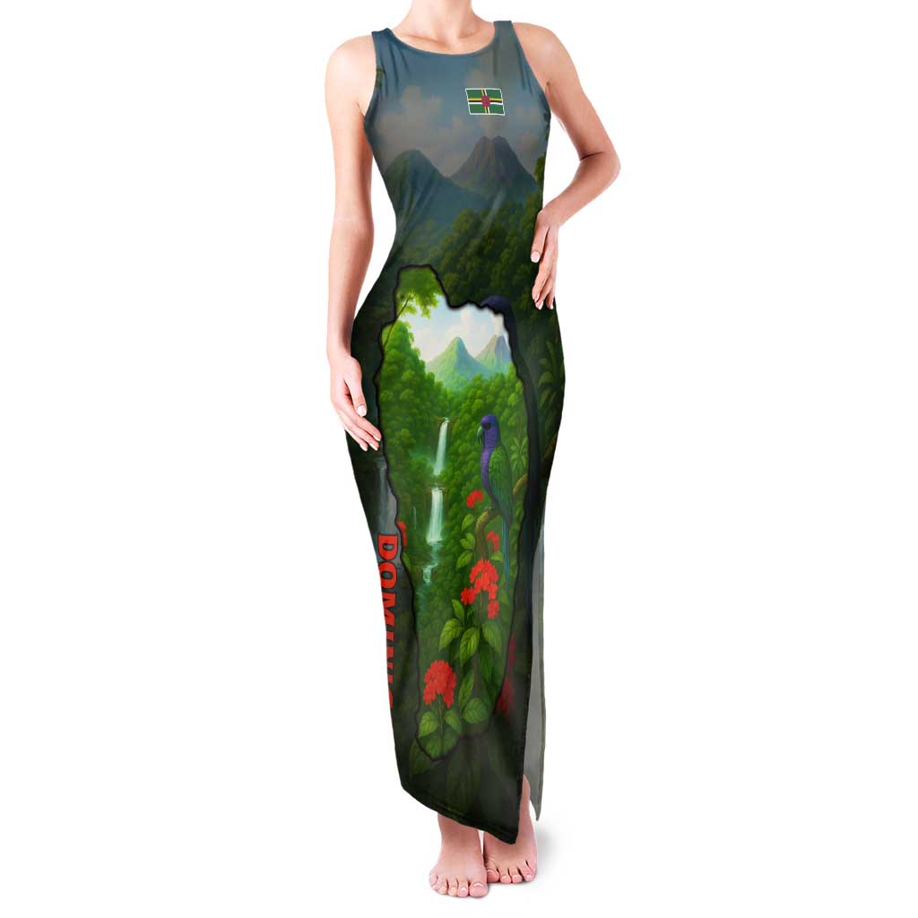 Dominica Nature Tank Maxi Dress Sisserou Parrot and Waterfall Island Map with National Flag Design - Wonder Print Shop
