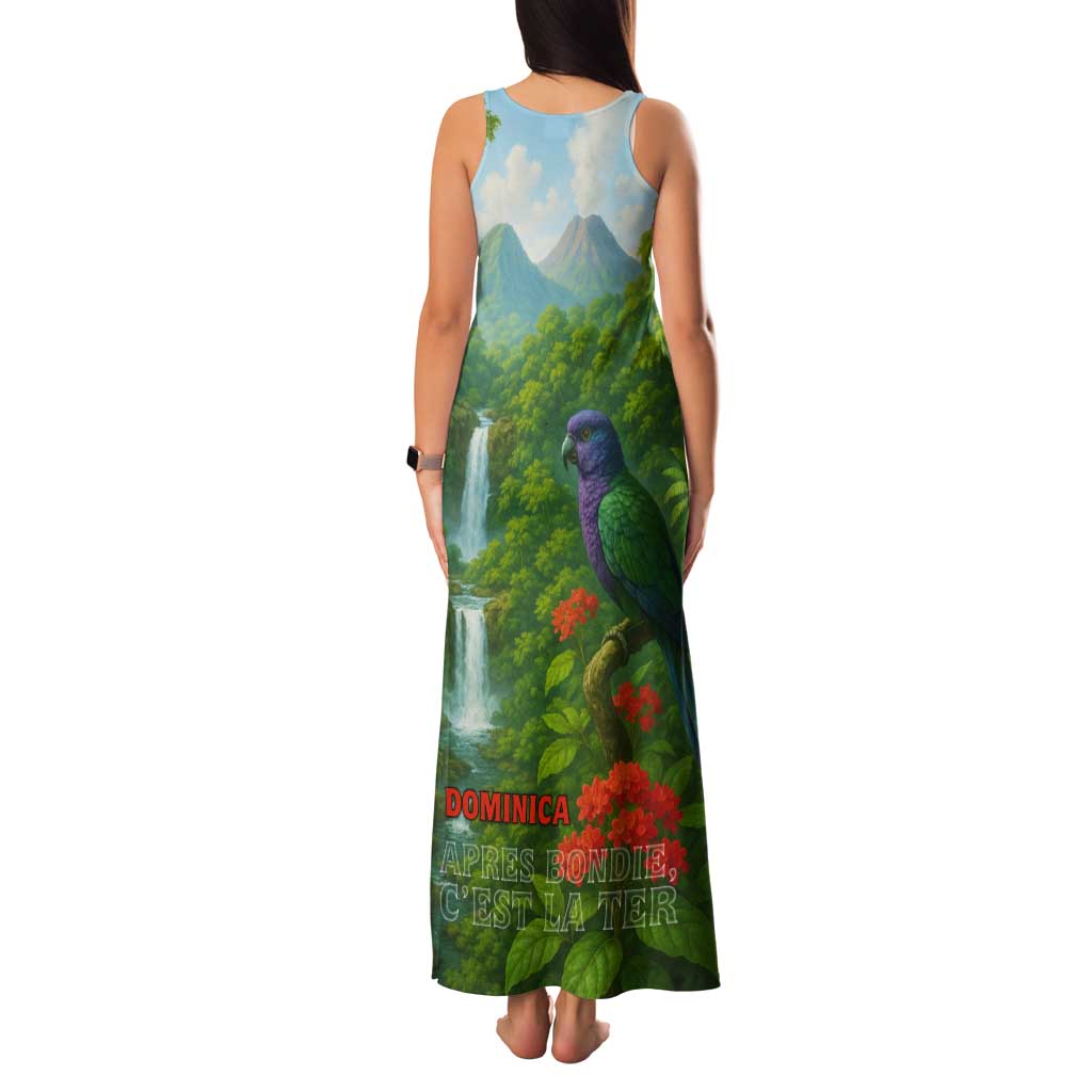 Dominica Nature Tank Maxi Dress Sisserou Parrot and Waterfall Island Map with National Flag Design - Wonder Print Shop