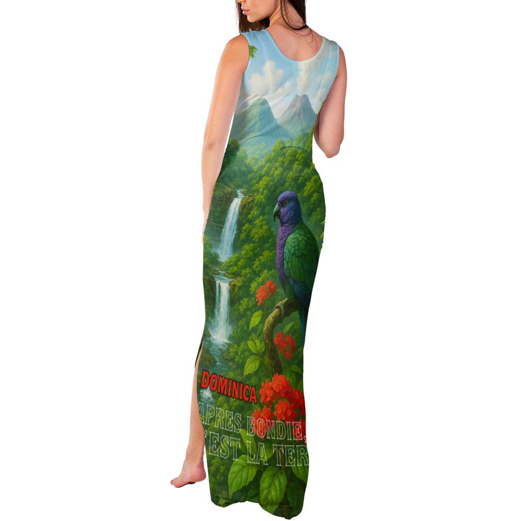 Dominica Nature Tank Maxi Dress Sisserou Parrot and Waterfall Island Map with National Flag Design - Wonder Print Shop