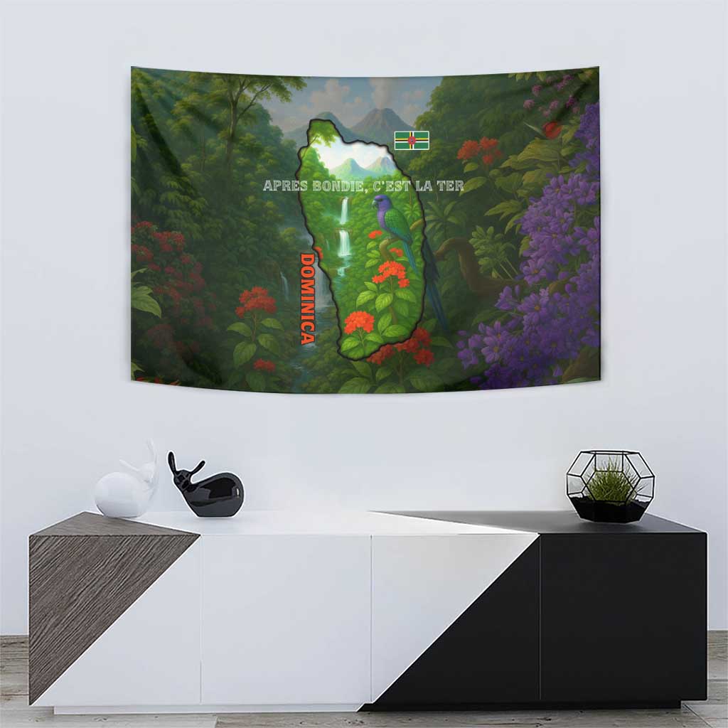 Dominica Nature Tapestry Sisserou Parrot and Waterfall Island Map with National Flag Design - Wonder Print Shop
