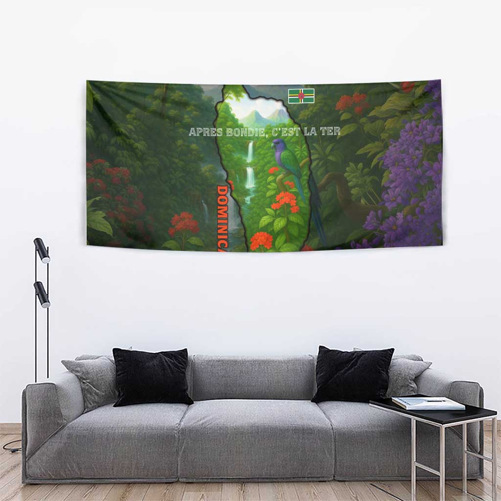 Dominica Nature Tapestry Sisserou Parrot and Waterfall Island Map with National Flag Design - Wonder Print Shop
