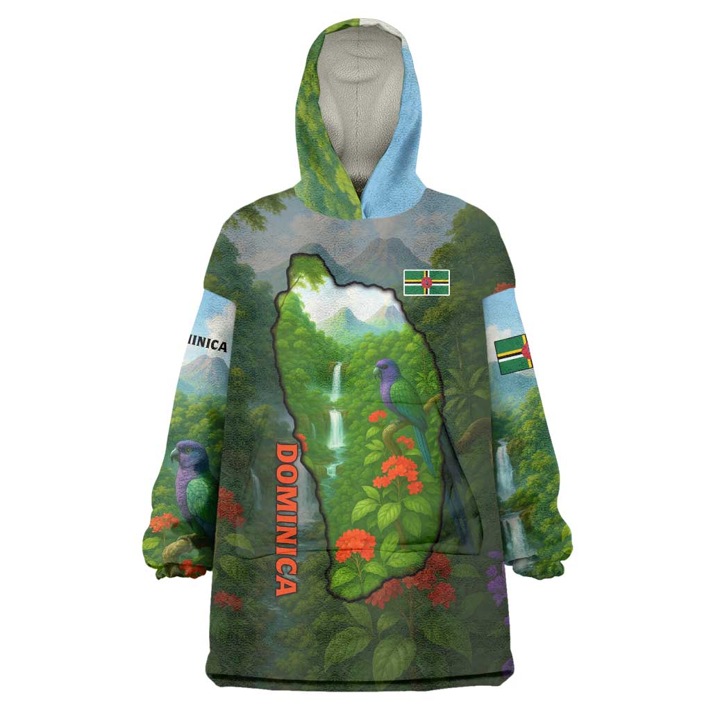 Dominica Nature Wearable Blanket Hoodie Sisserou Parrot and Waterfall Island Map with National Flag Design - Wonder Print Shop
