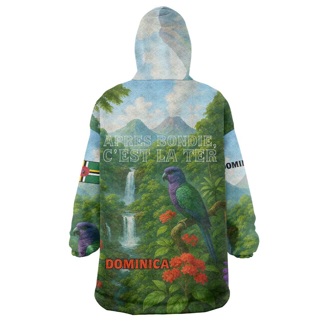Dominica Nature Wearable Blanket Hoodie Sisserou Parrot and Waterfall Island Map with National Flag Design - Wonder Print Shop