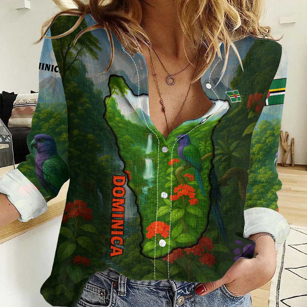 Dominica Nature Women Casual Shirt Sisserou Parrot and Waterfall Island Map with National Flag Design - Wonder Print Shop
