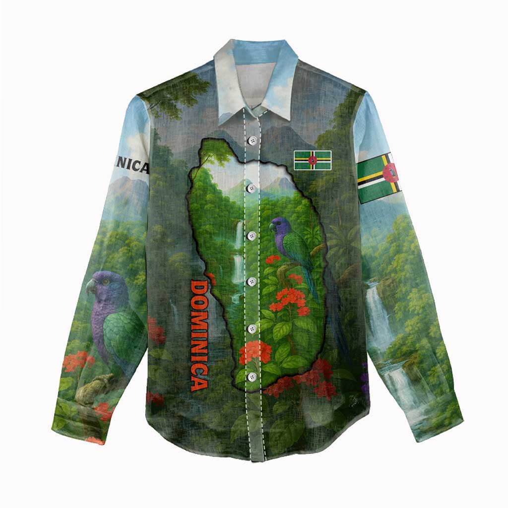 Dominica Nature Women Casual Shirt Sisserou Parrot and Waterfall Island Map with National Flag Design - Wonder Print Shop