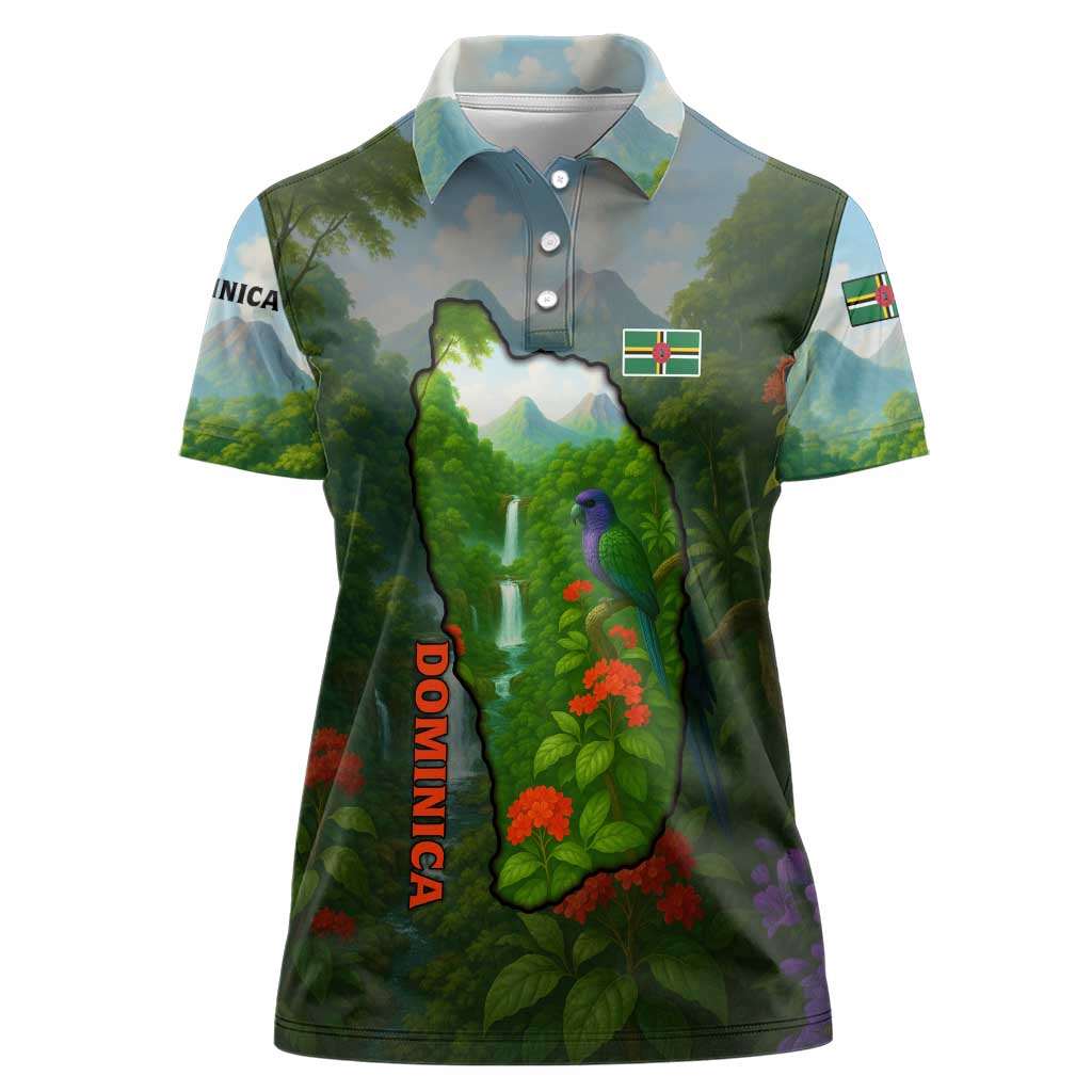 Dominica Nature Women Polo Shirt Sisserou Parrot and Waterfall Island Map with National Flag Design - Wonder Print Shop
