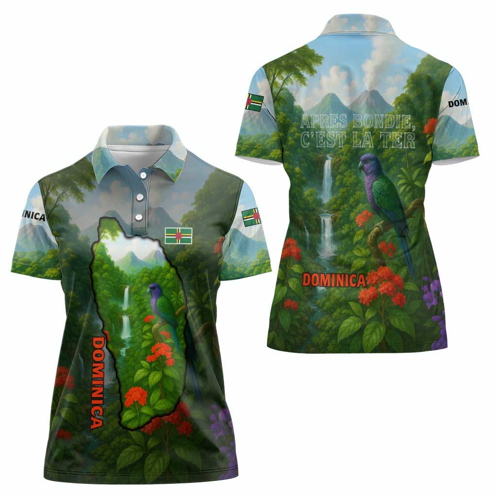 Dominica Nature Women Polo Shirt Sisserou Parrot and Waterfall Island Map with National Flag Design - Wonder Print Shop