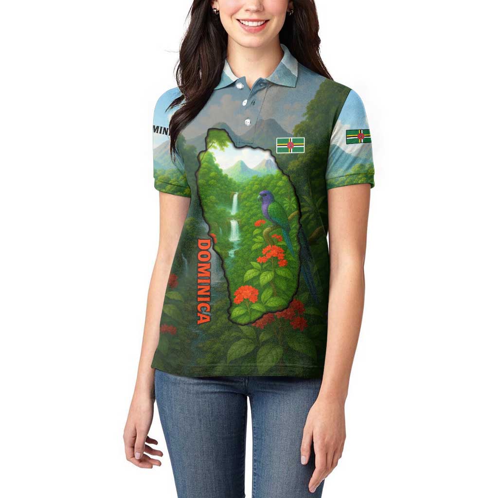 Dominica Nature Women Polo Shirt Sisserou Parrot and Waterfall Island Map with National Flag Design - Wonder Print Shop