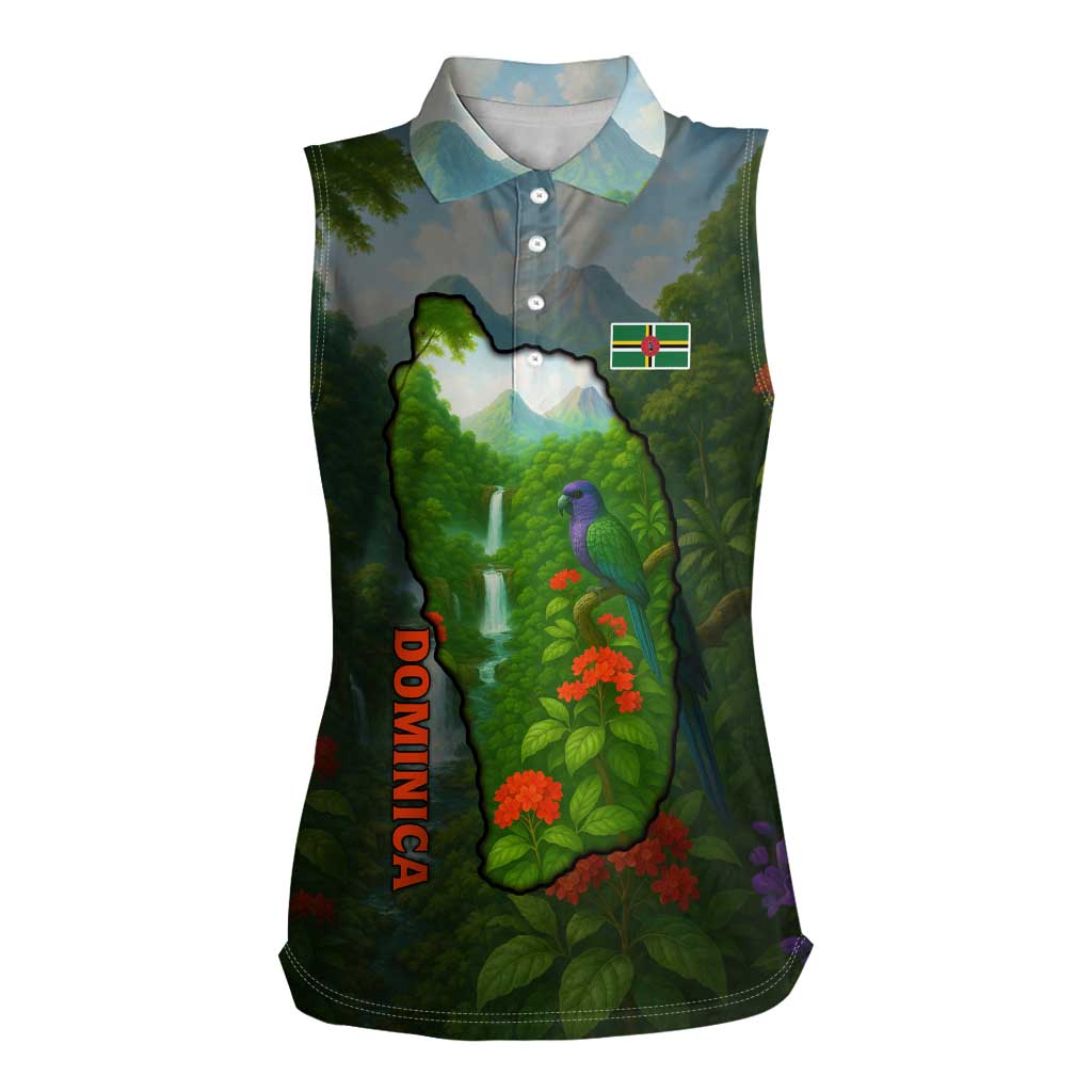 Dominica Nature Women Sleeveless Polo Shirt Sisserou Parrot and Waterfall Island Map with National Flag Design - Wonder Print Shop
