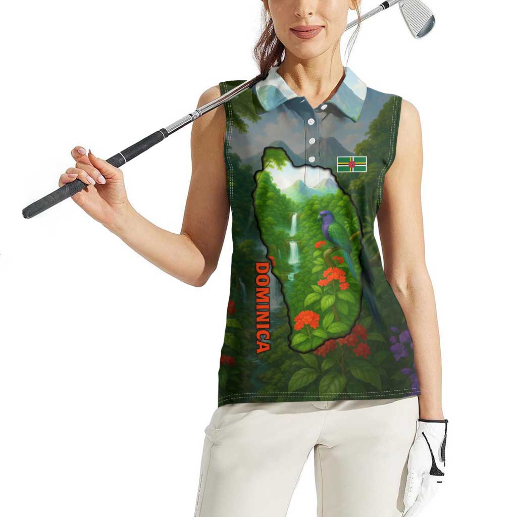 Dominica Nature Women Sleeveless Polo Shirt Sisserou Parrot and Waterfall Island Map with National Flag Design - Wonder Print Shop